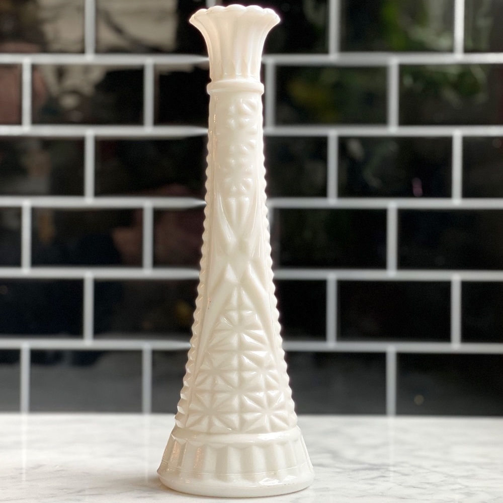 Vintage Milk Glass Tapered Cut Crystal Vase - White Hobnail Antique Stem Vase